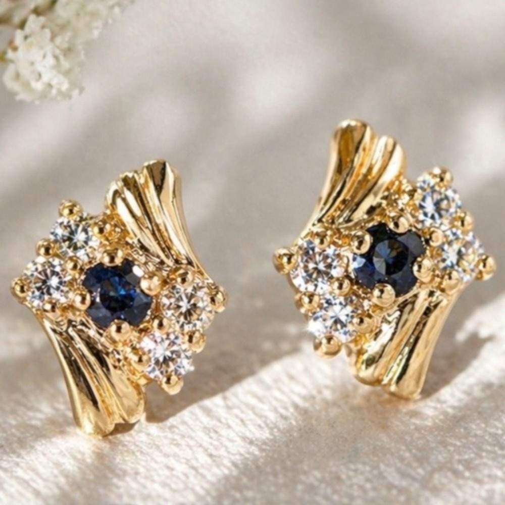 Vintage Stud Earrings Sapphire Crystal Gold Tone Halo 1980s NOS Gift Boxed Pair